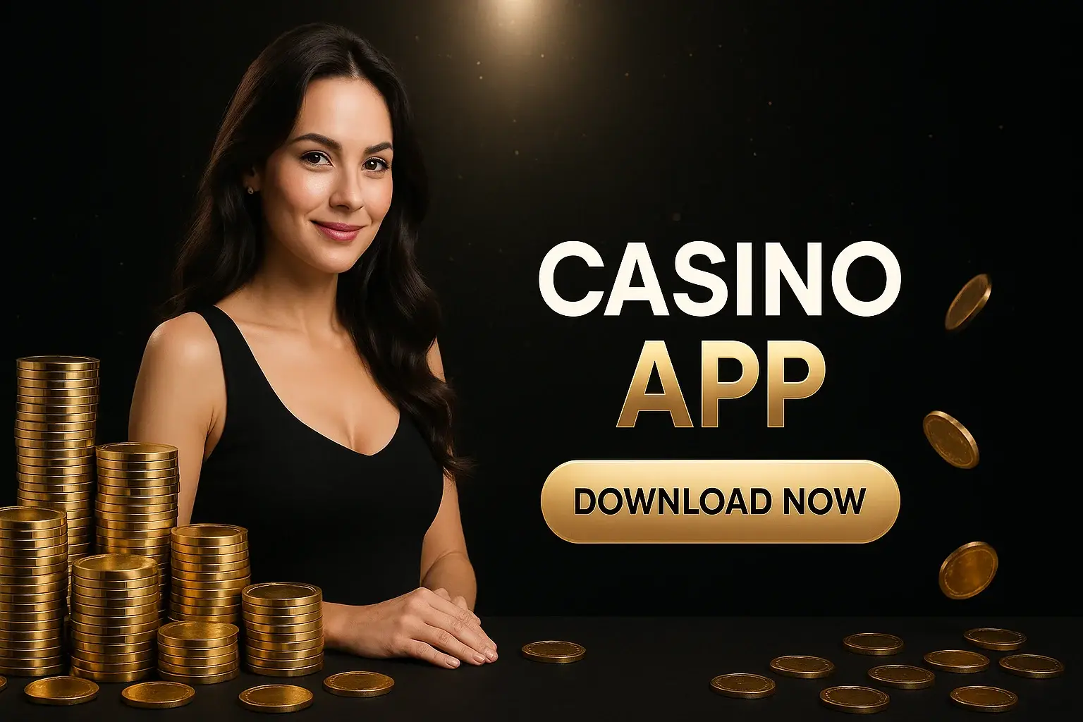 Photorealistic casino app banner with woman, gold chips, coins and download button