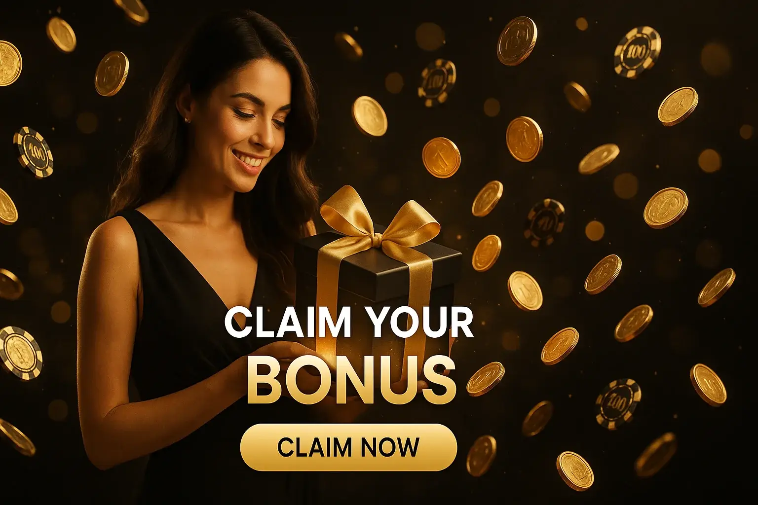 Wide casino bonus banner with woman holding glowing gift box
