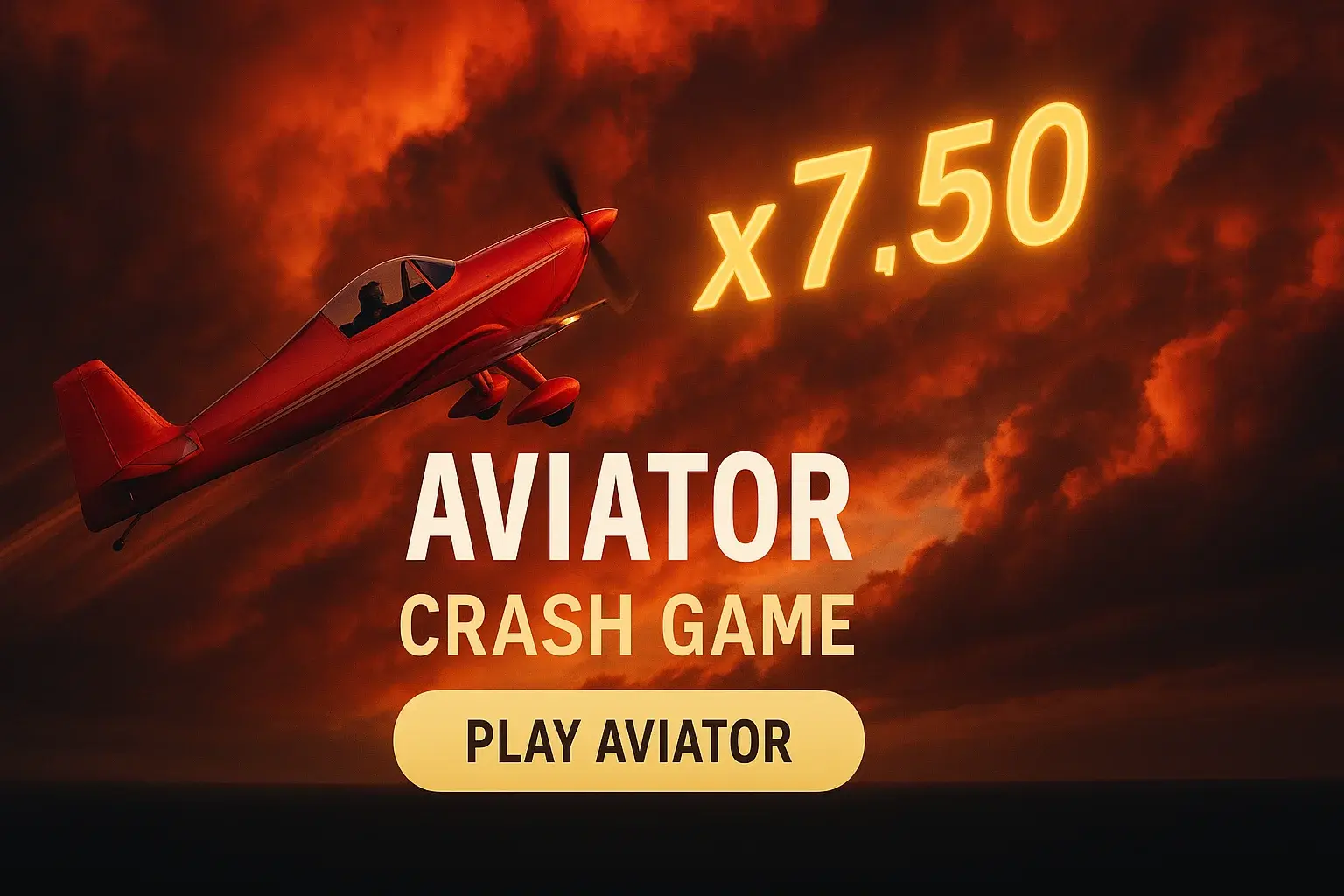 Wide crash game banner with red aircraft and glowing x7.50 multiplier