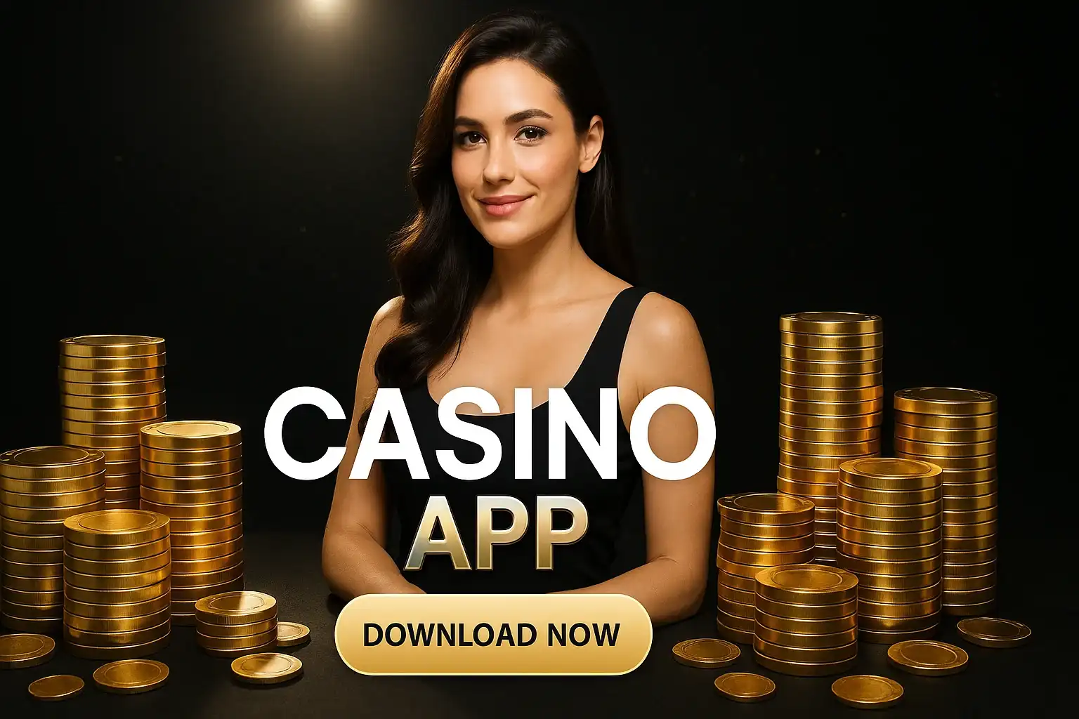 Photorealistic casino app banner with woman, gold chips, and download button