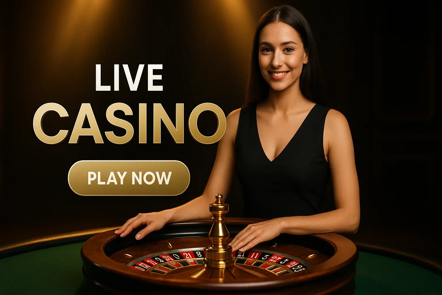 Photorealistic live casino banner with croupier, roulette wheel and play now button