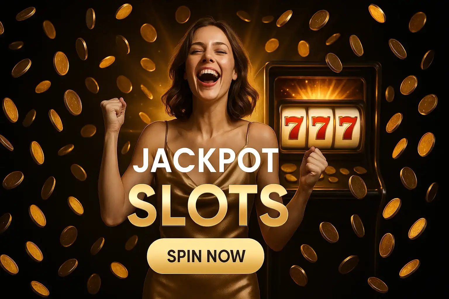 Glamorous British woman celebrating jackpot beside glowing 777 slot machine