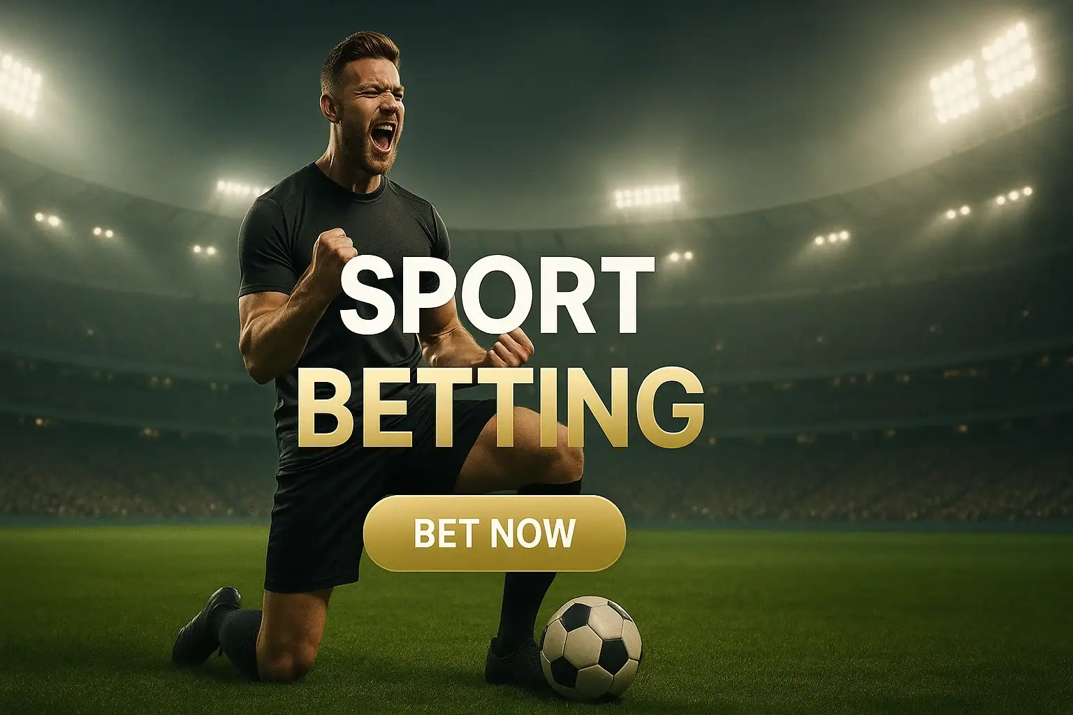 Photorealistic Premier League stadium sports betting banner with footballer and CTA